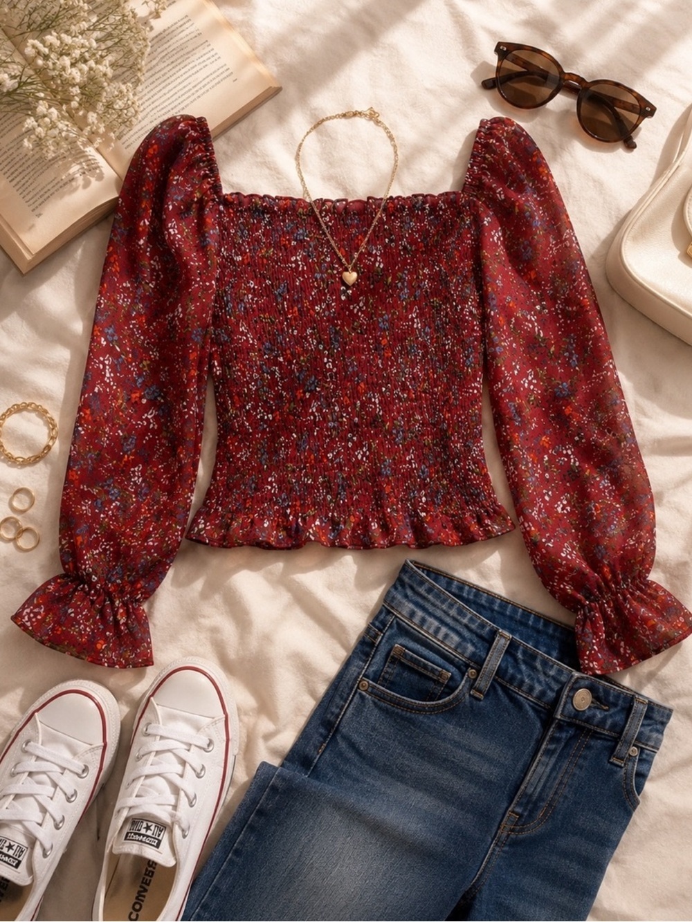 Japna floral smocked crop top size small | boho cottagecore puff sleeve blouse - Picture 7 of 7